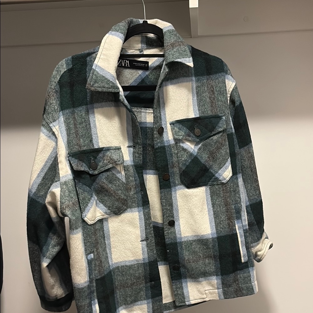 Zara Green and White Lightweight Shirt Jacket Flannel - White, Green, Blue, Brow